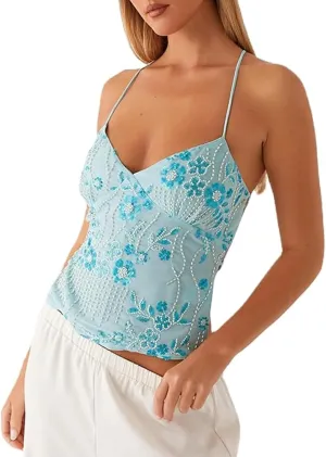 Sequin Beaded Y2k Summer Cami Top for Women, Sexy Sparkle V Neck Open Back Criss Cross Straps Rhinestone Camisole Tank Shirt