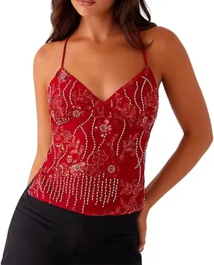 Sequin Beaded Y2k Summer Cami Top for Women, Sexy Sparkle V Neck Open Back Criss Cross Straps Rhinestone Camisole Tank Shirt