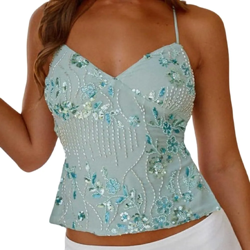 Sequin Beaded Y2k Summer Cami Top for Women, Sexy Sparkle V Neck Open Back Criss Cross Straps Rhinestone Camisole Tank Shirt