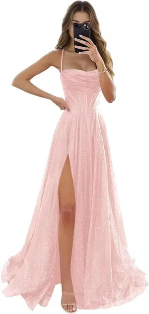 Sequin Prom Dresses Long with Slit Cowl Neck Aline Evening Formal Party Gown