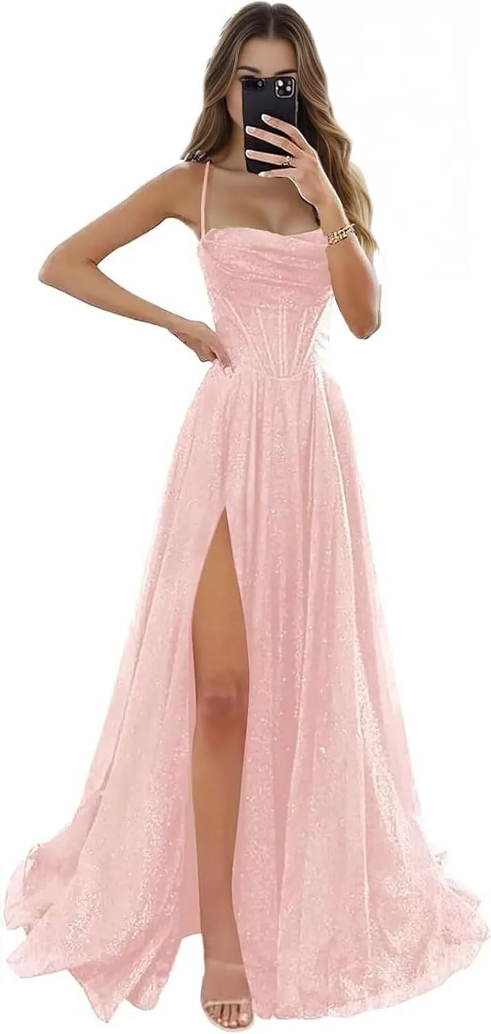 Sequin Prom Dresses Long with Slit Cowl Neck Aline Evening Formal Party Gown