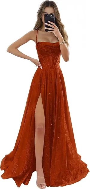 Sequin Prom Dresses Long with Slit Cowl Neck Aline Evening Formal Party Gown
