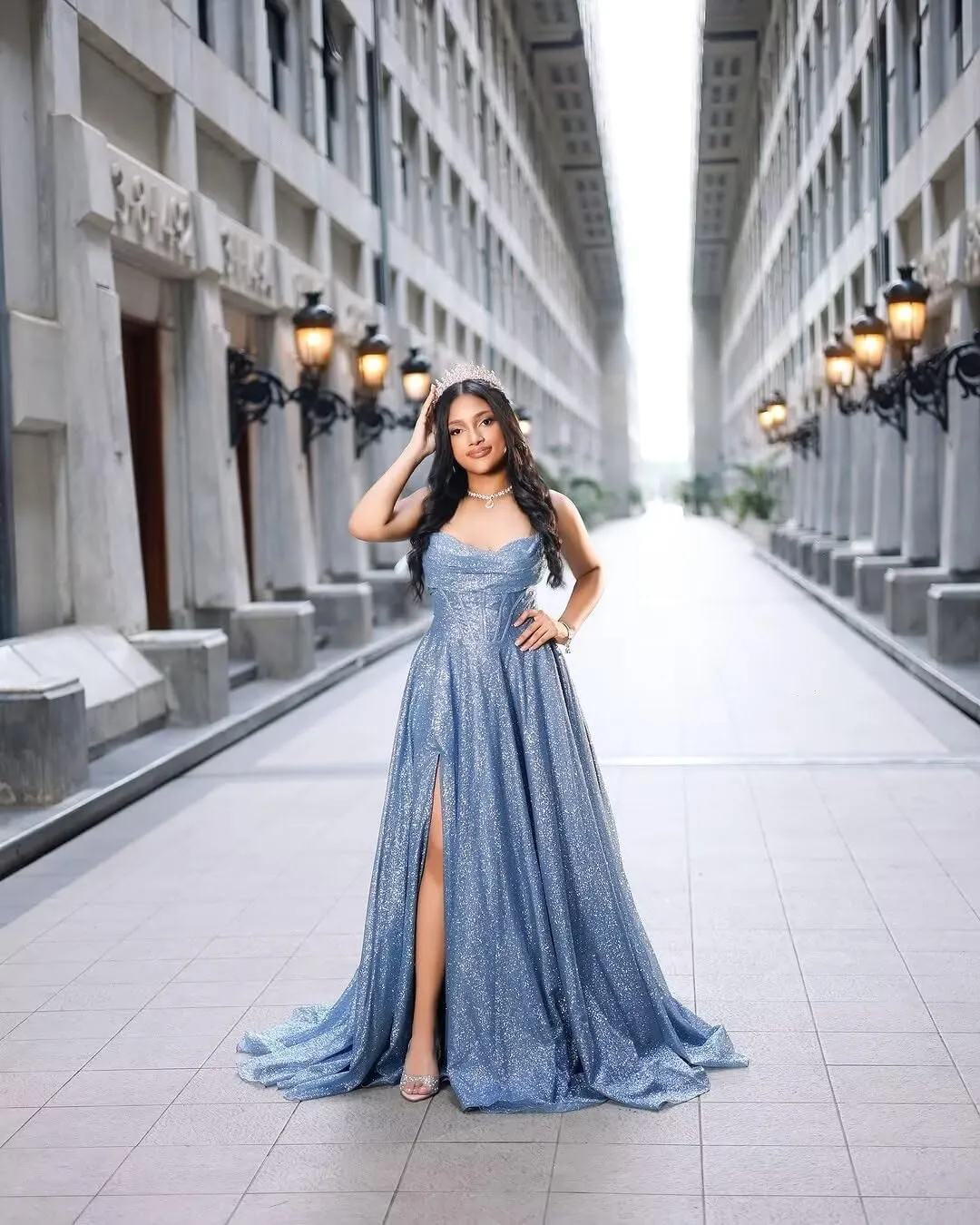 Sequin Prom Dresses Long with Slit Cowl Neck Aline Evening Formal Party Gown