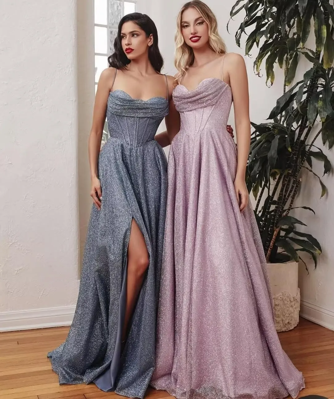 Sequin Prom Dresses Long with Slit Cowl Neck Aline Evening Formal Party Gown