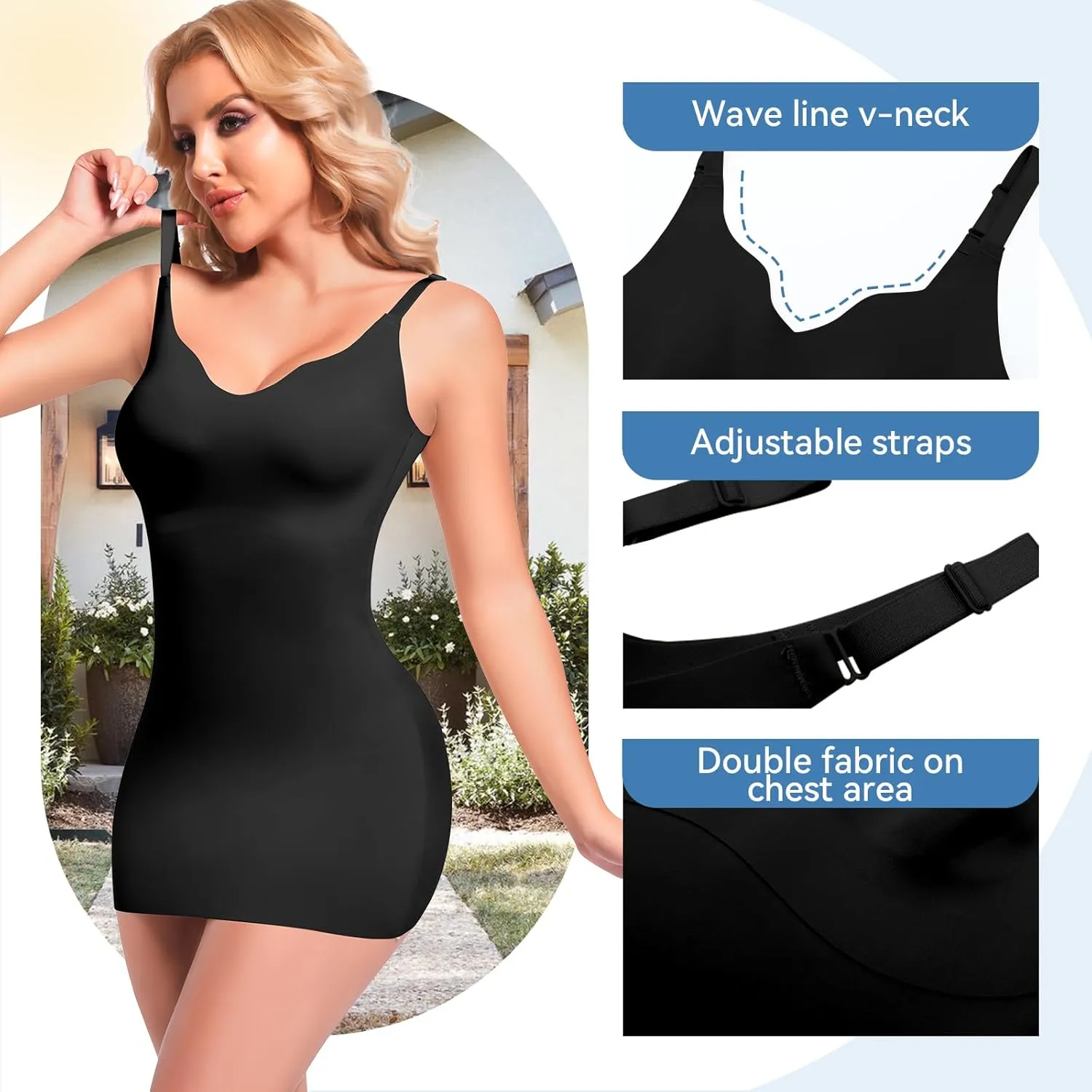 Shapewear Full Slip for Women Tummy Control Under Dresses V Neck Cami Dress Seamless Slips Built in Mini Dress