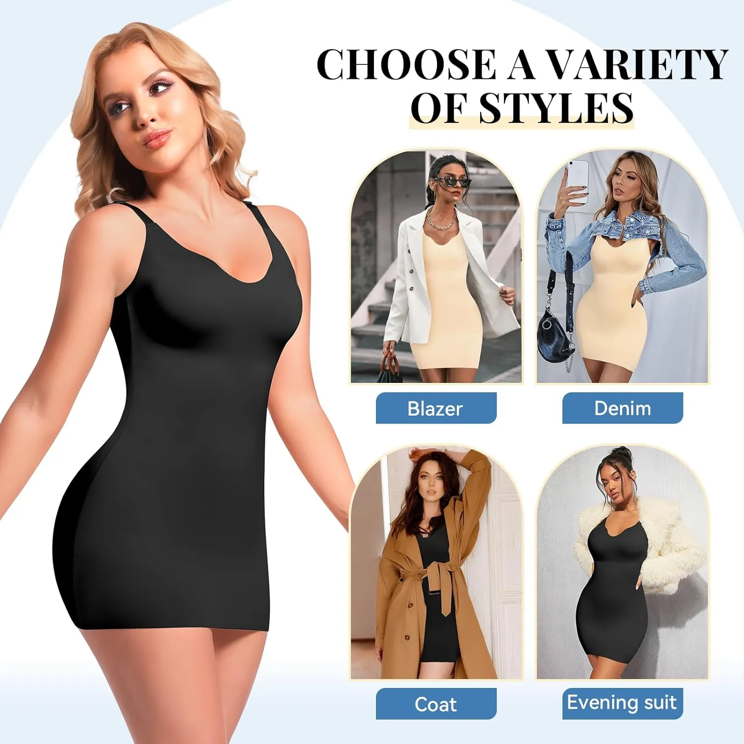 Shapewear Full Slip for Women Tummy Control Under Dresses V Neck Cami Dress Seamless Slips Built in Mini Dress