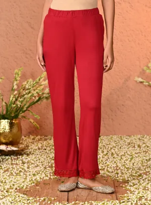 Sia Red Relaxed Fit Viscose Lycra Pants for Women