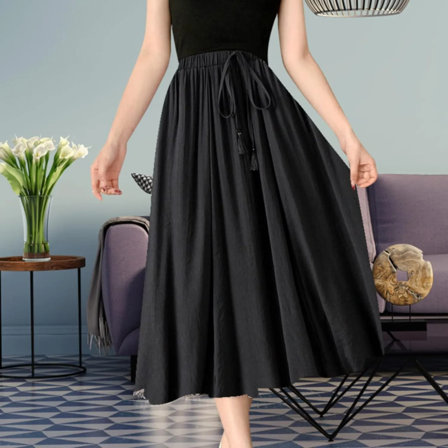 Skirt Womens Womens Boho Elastic High Waist Pleated A-Line Flowy Swing Tiered Maxi Long Skirt Dress with Pockets