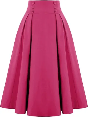 Skirts for Women 2024 Loose Hem Half Length Pleated Skirt Elastic Waist Flowy a Line Long Skirts with Buttons