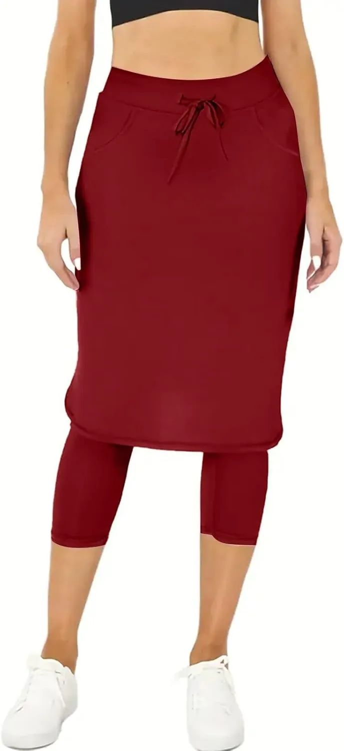 Skirts with Leggings Knee Length Cycling Tennis Golf Athletic Skorts for Women High Waisted Midi Skirts Fall