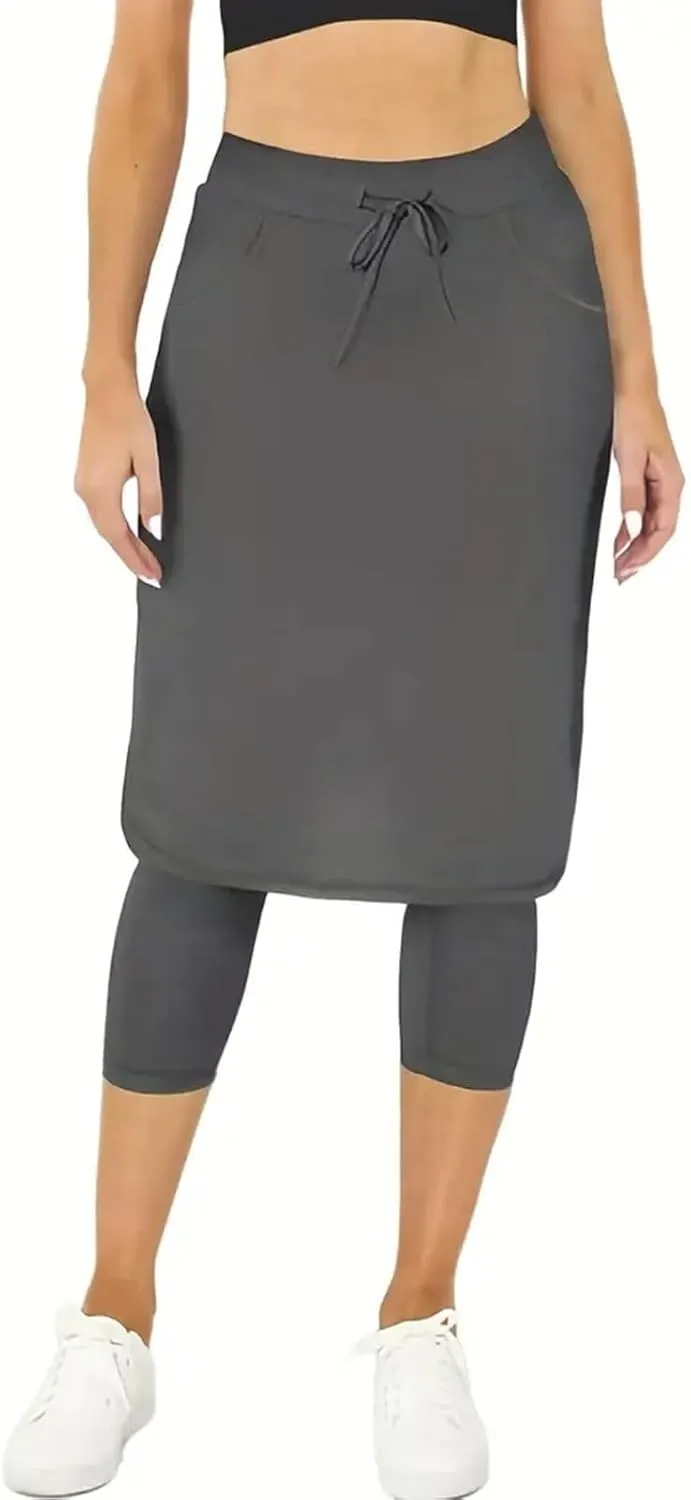 Skirts with Leggings Knee Length Cycling Tennis Golf Athletic Skorts for Women High Waisted Midi Skirts Fall