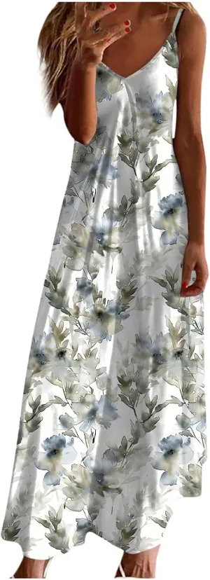Sleeveless Floral Print Maxi Dress for Women Casual Summer Tank Dresses Beach Vacation Flowy Bohemian Trendy Sundress