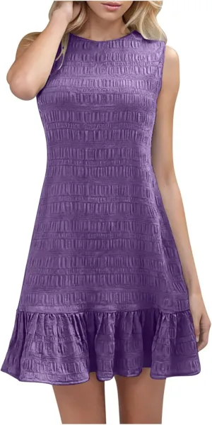Sleeveless Summer Dress for Women Casual Crew Neck Ruffle Hem A-Line Mini Dress Lightweight Flowy Sundress
