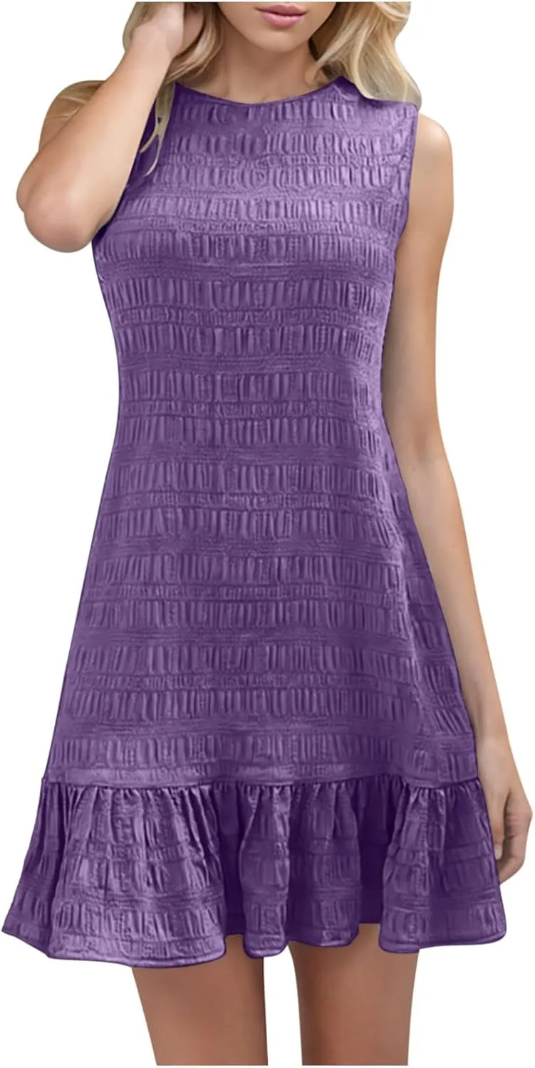 Sleeveless Summer Dress for Women Casual Crew Neck Ruffle Hem A-Line Mini Dress Lightweight Flowy Sundress