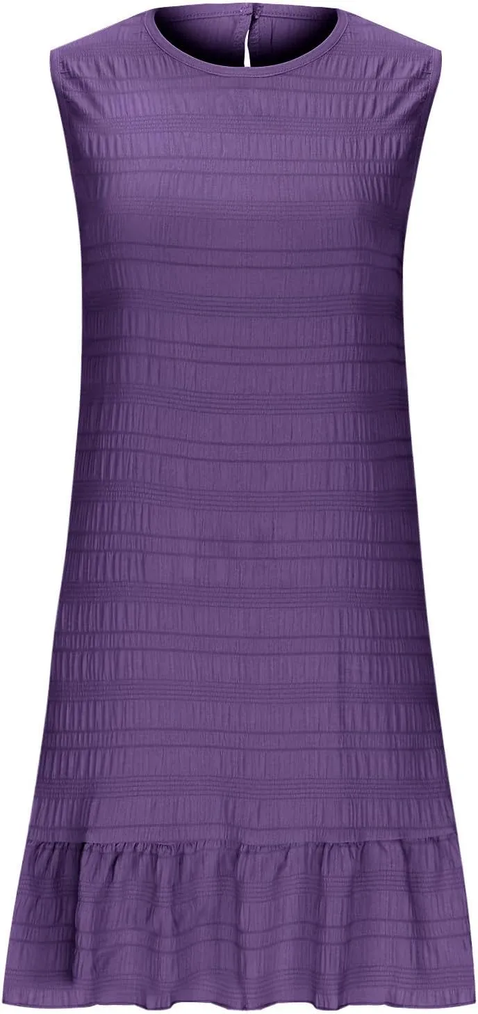 Sleeveless Summer Dress for Women Casual Crew Neck Ruffle Hem A-Line Mini Dress Lightweight Flowy Sundress