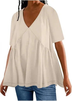 Solid Color Short Summer Sleeves Mini Dress Casual Loose V Neck Pleated Ruffle Flutter Swing Vacation Sundress