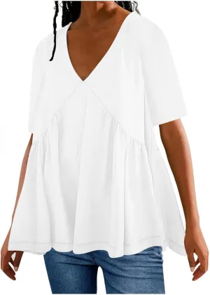 Solid Color Short Summer Sleeves Mini Dress Casual Loose V Neck Pleated Ruffle Flutter Swing Vacation Sundress
