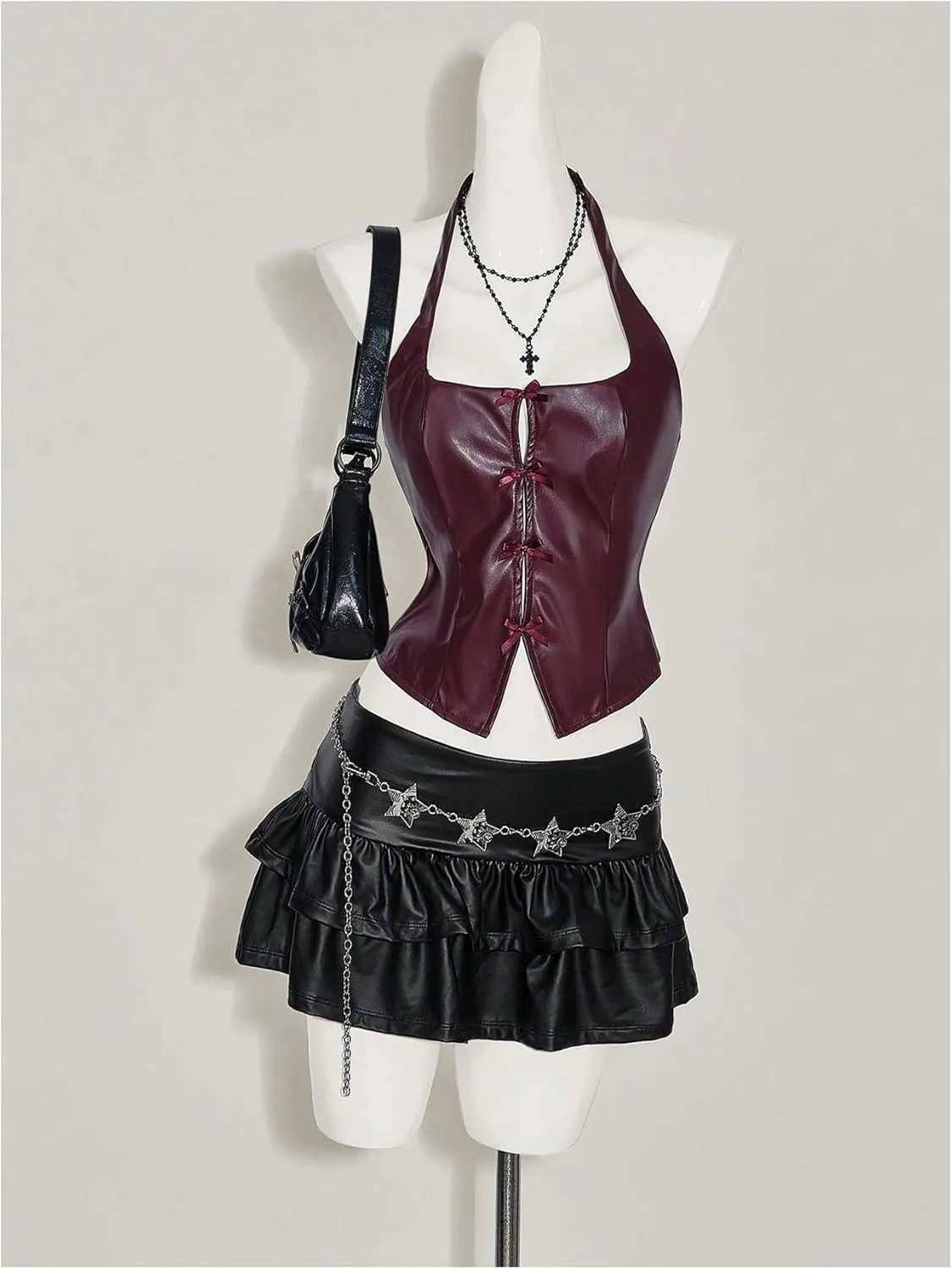 SOLY HUX Women's Faux Leather Bowknot Halter Top Party Club Crop Camisole Concert Rave Outfits