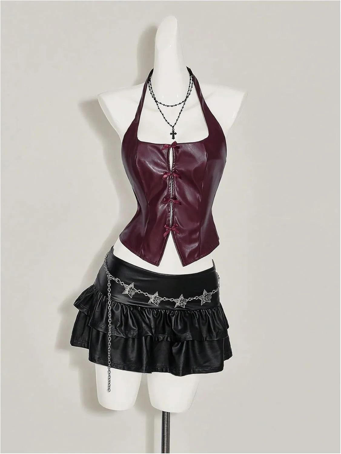 SOLY HUX Women's Faux Leather Bowknot Halter Top Party Club Crop Camisole Concert Rave Outfits