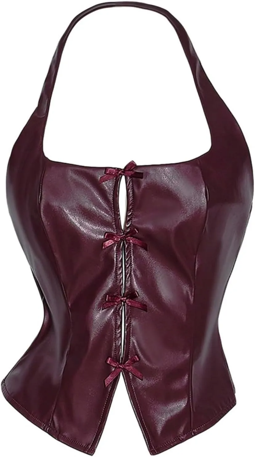 SOLY HUX Women's Faux Leather Bowknot Halter Top Party Club Crop Camisole Concert Rave Outfits