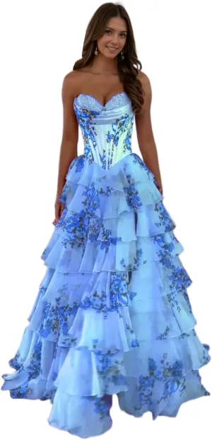 Strapless Corset Floral Prom Dresses for Women 2025 Chiffon Tiered Formal Evening Gown with Slit LU117