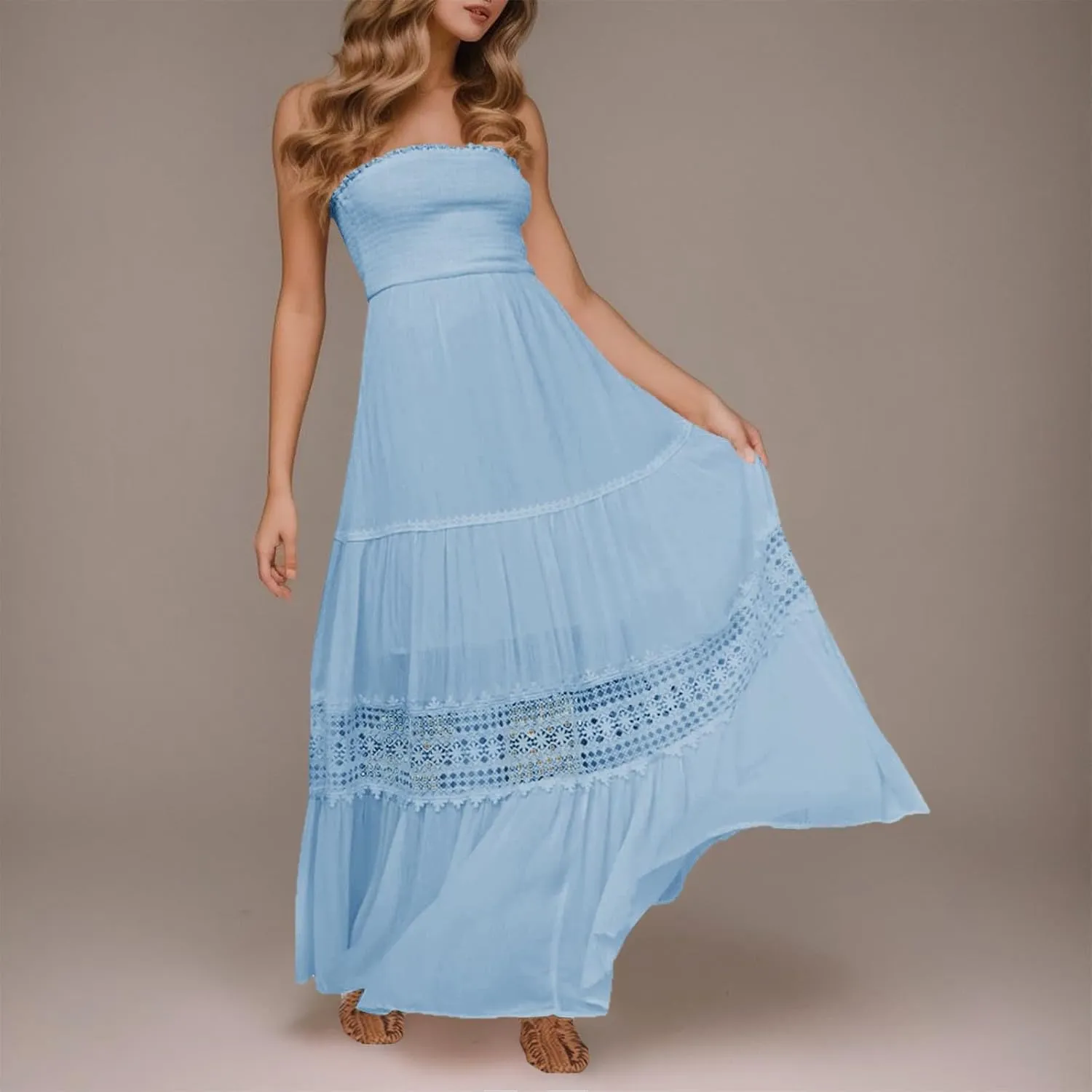 Summer Dresses for Women 2024 Strapless Off Shoulder Crochet Lace Trim Flowy A Line Wedding Guest Dress Beach Long Maxi Dress