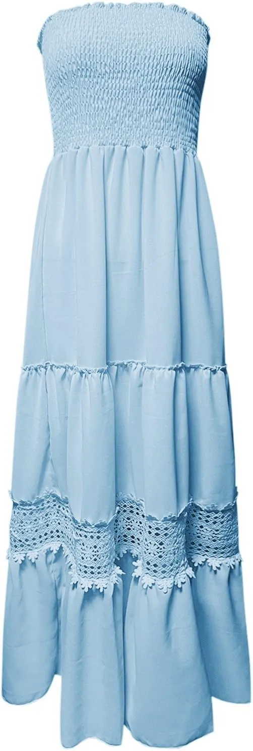 Summer Dresses for Women 2024 Strapless Off Shoulder Crochet Lace Trim Flowy A Line Wedding Guest Dress Beach Long Maxi Dress