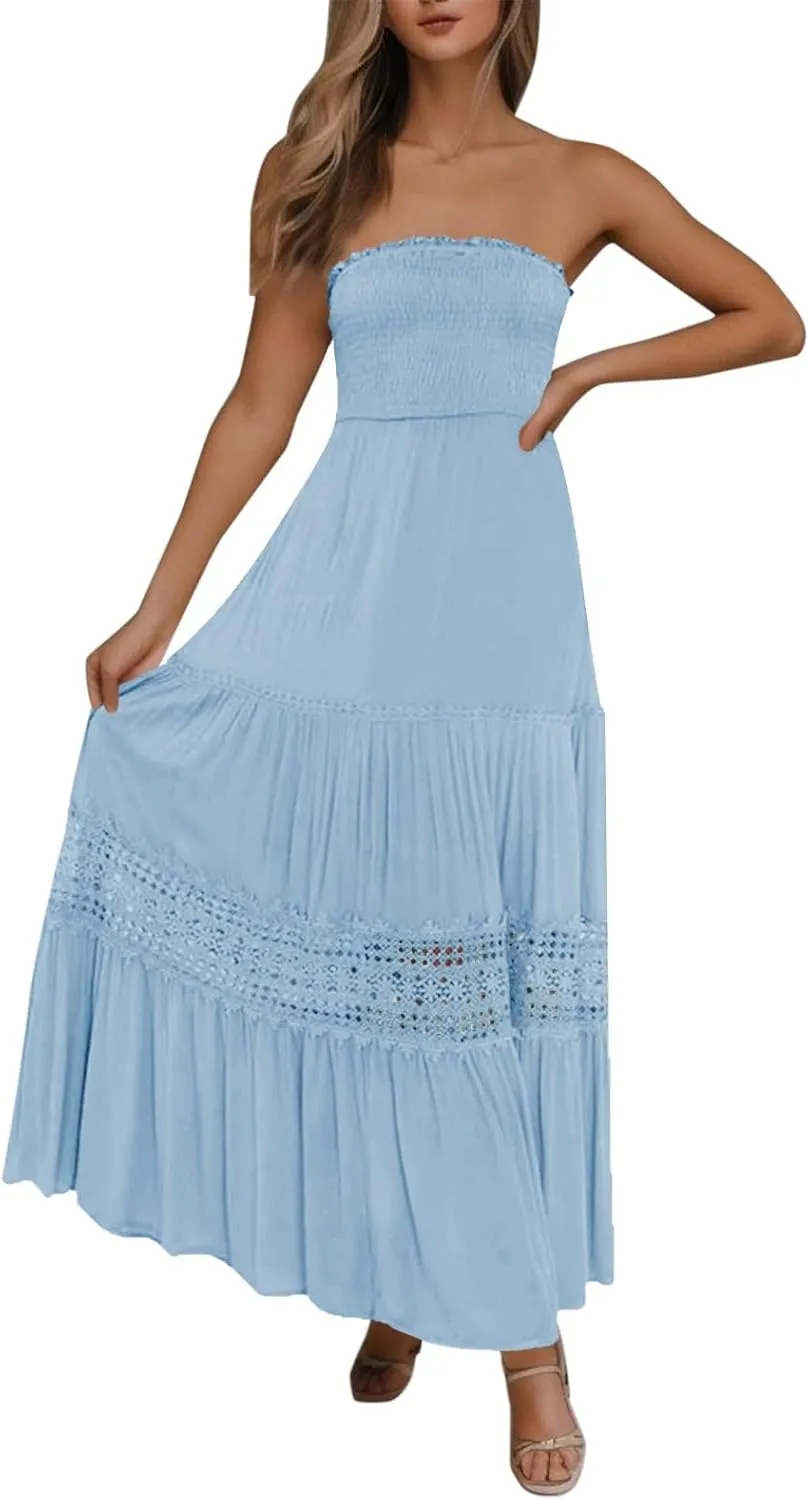 Summer Dresses for Women 2024 Strapless Off Shoulder Crochet Lace Trim Flowy A Line Wedding Guest Dress Beach Long Maxi Dress