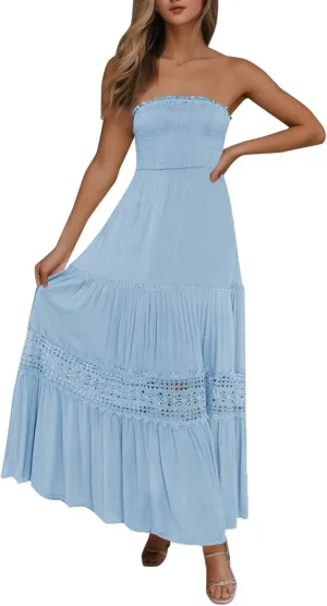 Summer Dresses for Women 2024 Strapless Off Shoulder Crochet Lace Trim Flowy A Line Wedding Guest Dress Beach Long Maxi Dress