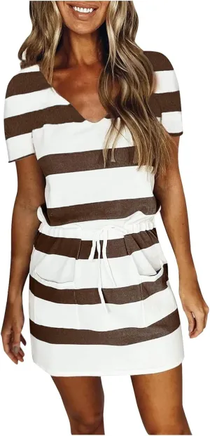 Summer Dresses for Women 2024 Vacation Casual Short Sleeve v Neck Drawstring Mini Dress Striped Tshirt Dress