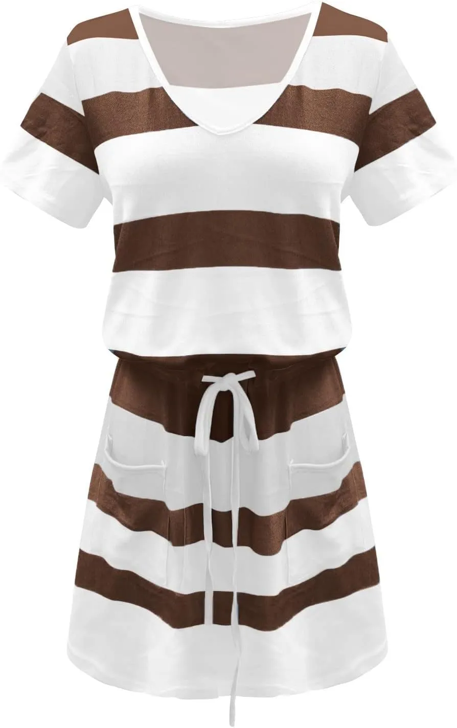 Summer Dresses for Women 2024 Vacation Casual Short Sleeve v Neck Drawstring Mini Dress Striped Tshirt Dress