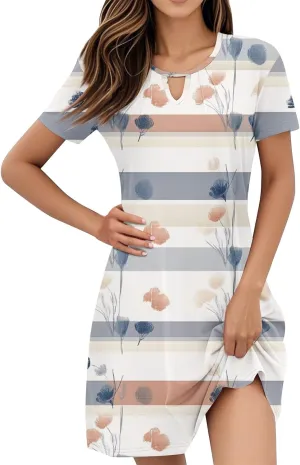 Summer Dresses for Women 2025 Floral A-Line Dresses Flowy Short Sleeve T Shirt Dress Casual Loose Beach Mini Dress