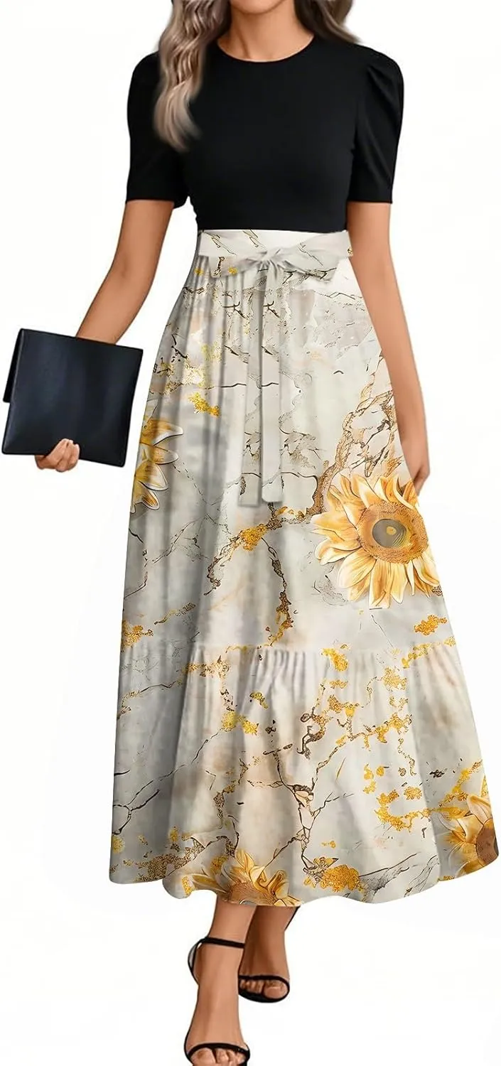 Summer Dresses for Women 2025 Flowy Floral Maxi Dress Patchwork a Line Dress Short Sleeve Ruffle Hem Long Sundress