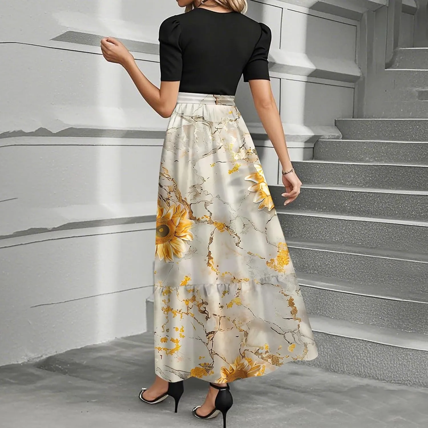 Summer Dresses for Women 2025 Flowy Floral Maxi Dress Patchwork a Line Dress Short Sleeve Ruffle Hem Long Sundress