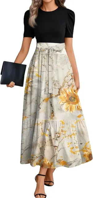 Summer Dresses for Women 2025 Flowy Floral Maxi Dress Patchwork a Line Dress Short Sleeve Ruffle Hem Long Sundress