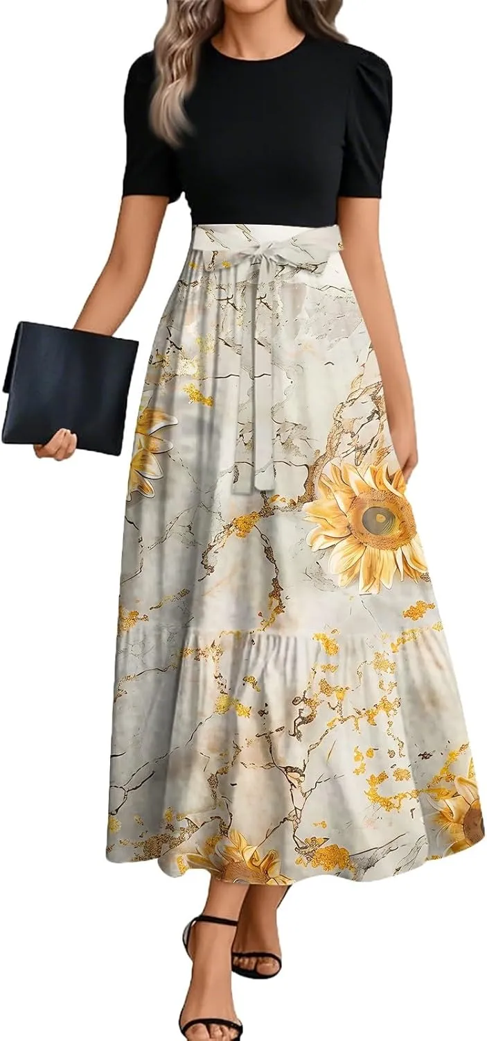 Summer Dresses for Women 2025 Flowy Floral Maxi Dress Patchwork a Line Dress Short Sleeve Ruffle Hem Long Sundress