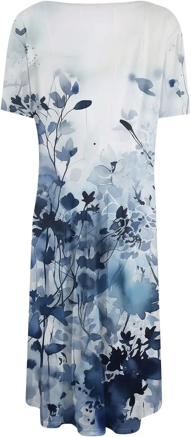 Summer Dresses for Women Flowy Casual Midi Dresses Aline Beach Tshirt Dress Floral Short Sleeve Dress with Pockets