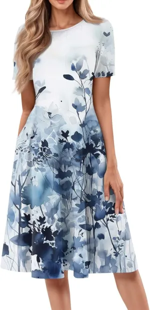 Summer Dresses for Women Flowy Casual Midi Dresses Aline Beach Tshirt Dress Floral Short Sleeve Dress with Pockets