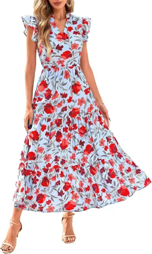 Summer Dresses for Women Trendy Floral Print V Neck Ruffle Sleeveless Maxi Dress Casual Flowy Tunic Ruffle Hem Dress