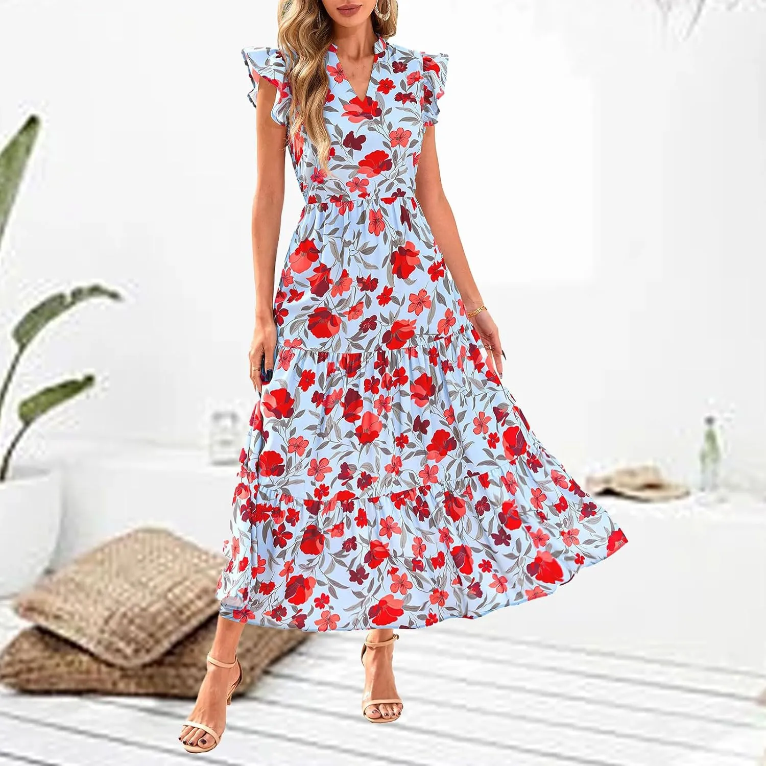 Summer Dresses for Women Trendy Floral Print V Neck Ruffle Sleeveless Maxi Dress Casual Flowy Tunic Ruffle Hem Dress