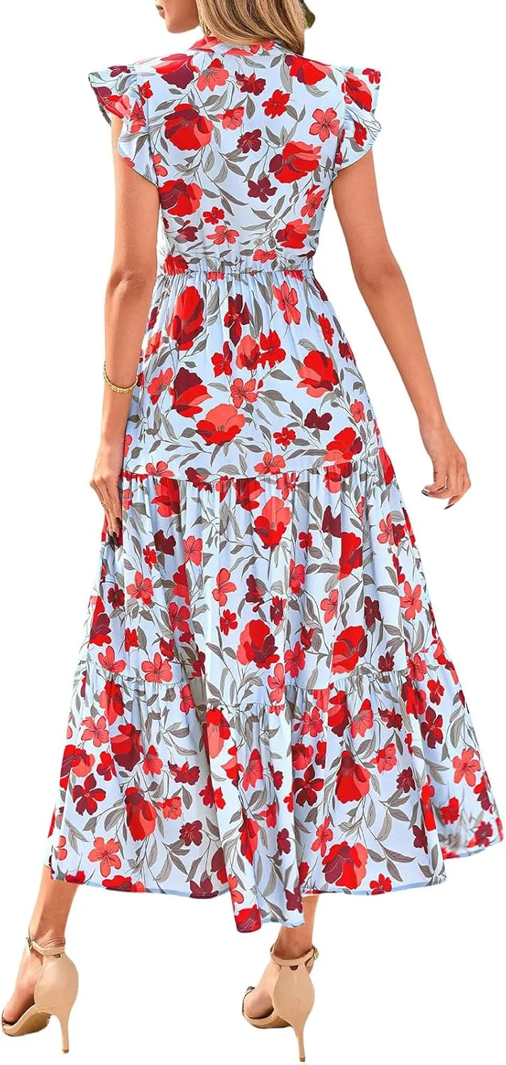 Summer Dresses for Women Trendy Floral Print V Neck Ruffle Sleeveless Maxi Dress Casual Flowy Tunic Ruffle Hem Dress