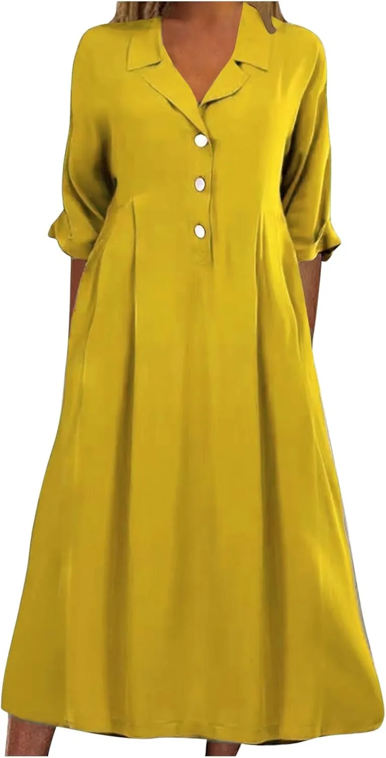 Summer Midi Dresses for Women 2024 Button Down Dress Lapel Neck Trendy Formal Plus Size Clothes Business Going Out