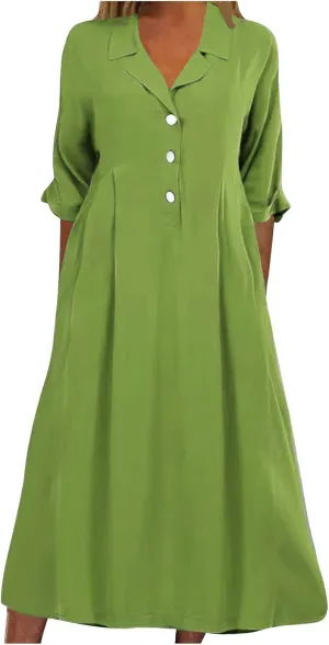 Summer Midi Dresses for Women 2024 Button Down Dress Lapel Neck Trendy Formal Plus Size Clothes Business Going Out