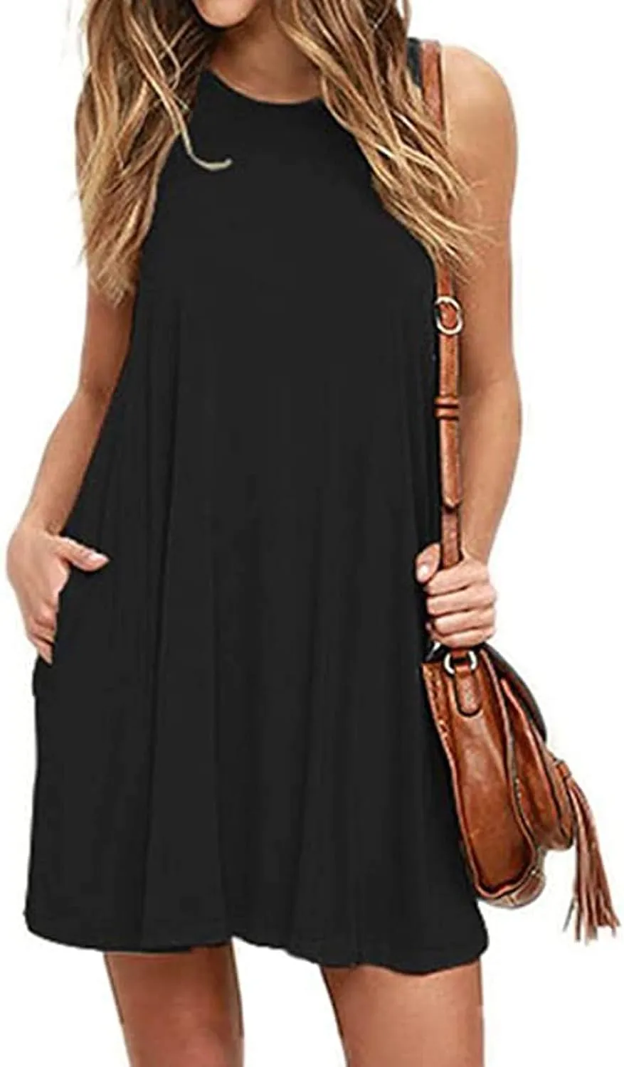 Sundresses for Women 2024 Vacation Sleeveless Crewneck Ruffle Swing Mini Dresses Flowy Casual Beach Dress with Pocket