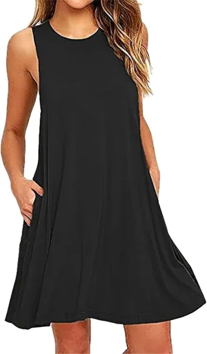 Sundresses for Women 2024 Vacation Sleeveless Crewneck Ruffle Swing Mini Dresses Flowy Casual Beach Dress with Pocket