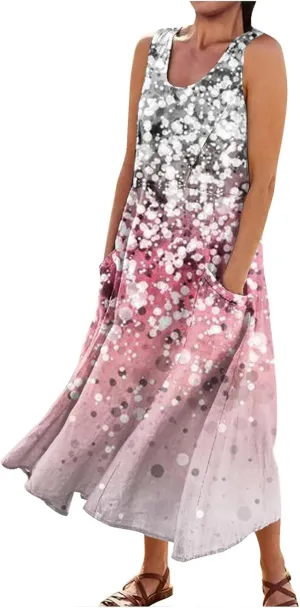 Sundresses for Women Floral Printed Sleeveless Sundresses Pockets a Line Beach Dress Casual Loose Tank Dresses