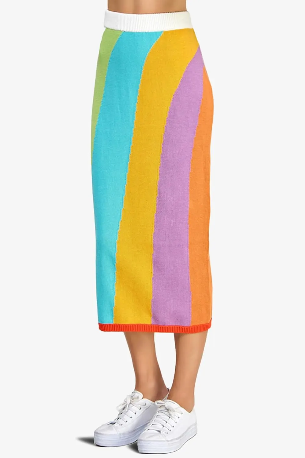 TheMogan Women's Striped Knit Midi Skirt Casual High Waist Bodycon Pencil Long Skirts