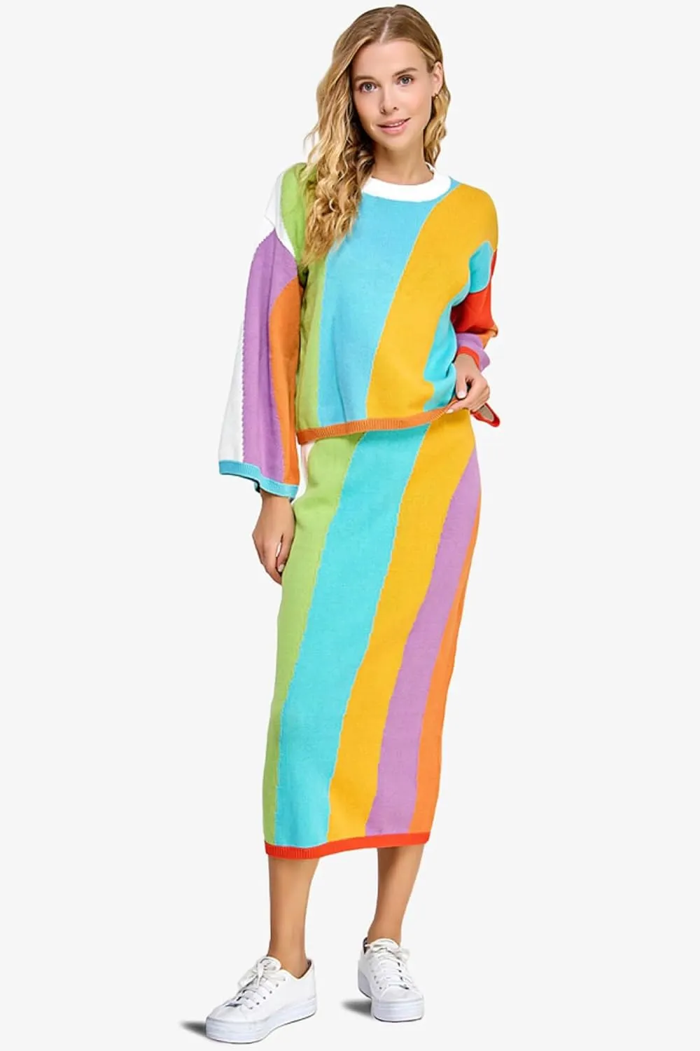 TheMogan Women's Striped Knit Midi Skirt Casual High Waist Bodycon Pencil Long Skirts