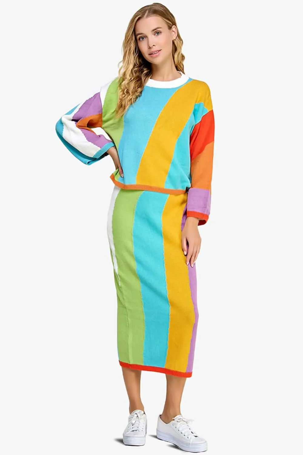 TheMogan Women's Striped Knit Midi Skirt Casual High Waist Bodycon Pencil Long Skirts