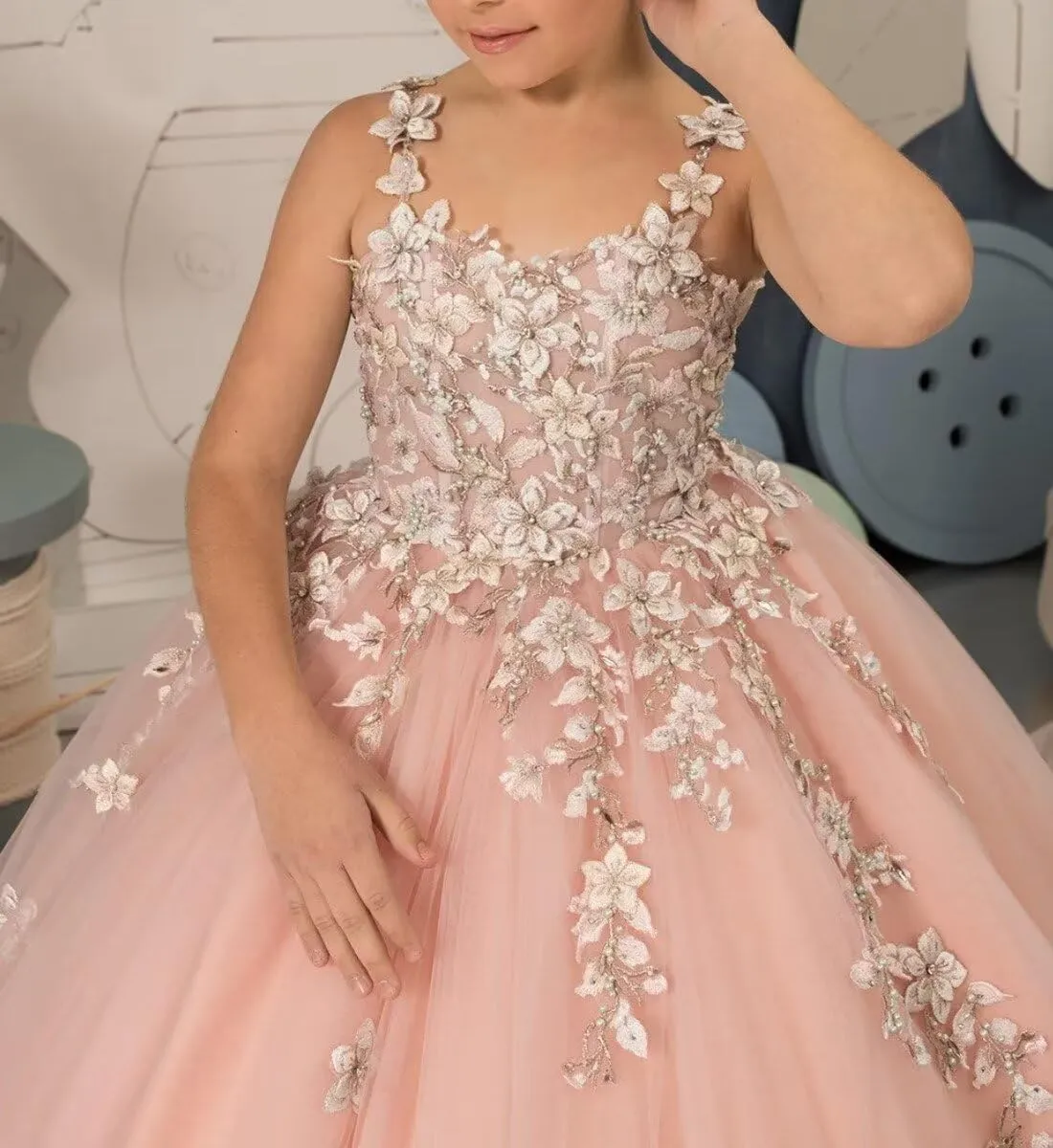 Tulle Flower Girl Dresses for Wedding Floral Appliques Princess Pageant Dress Girls Birthday Party Ball Gown